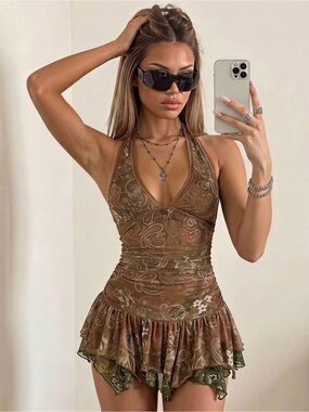 Brown Paisley Halter Mini Dress